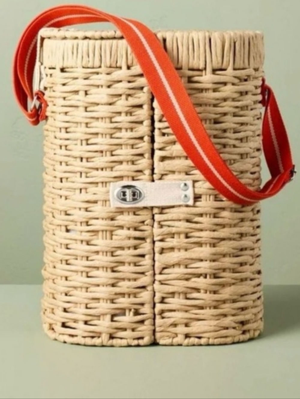 New Hearth & Hand Woven Basket Bottle & Accessory Carrier W/ Orange Strap